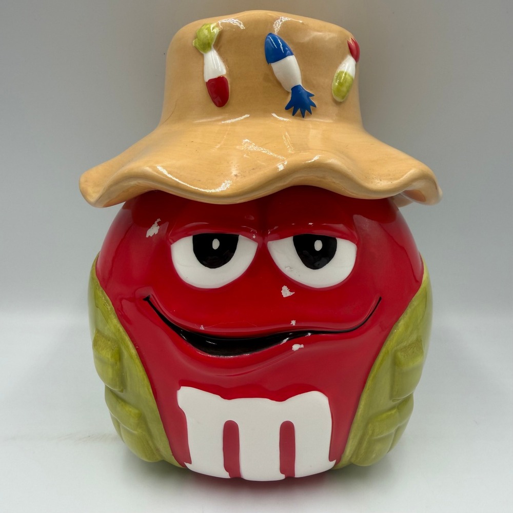 M&M Red Character Fishing Candy Jar Ceramic Galerie Fishing Vest Bucket Hat Lid